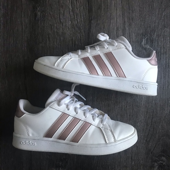 adidas sneakers with rose gold stripes